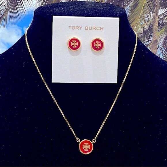 TORY BURCH KIRA ENAMELED PENDANT NECKLACE AND EARRINGS SET IN RED / GO… - Picture 1 of 5